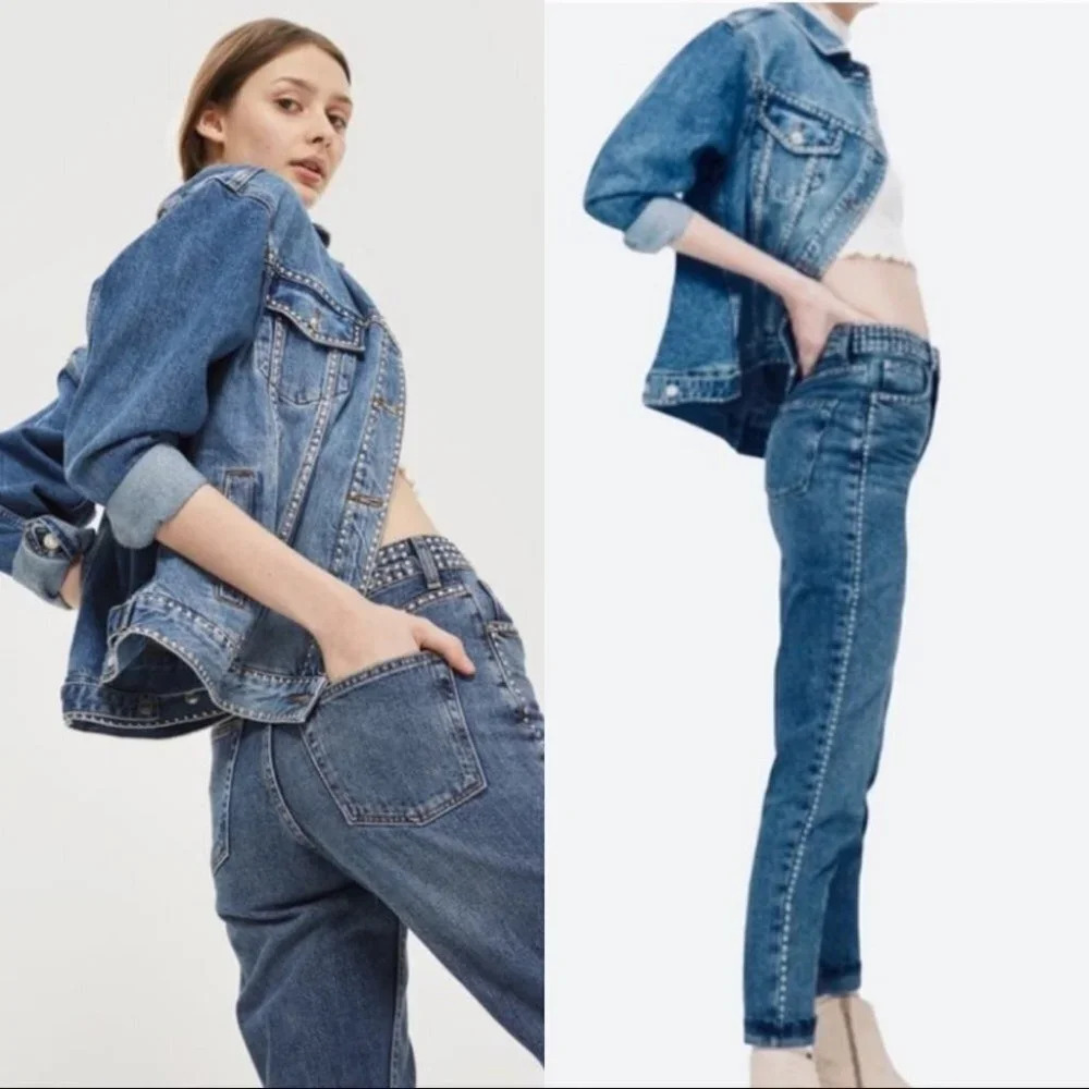 Topshop High Rise Moto Studded Mom Jeans
